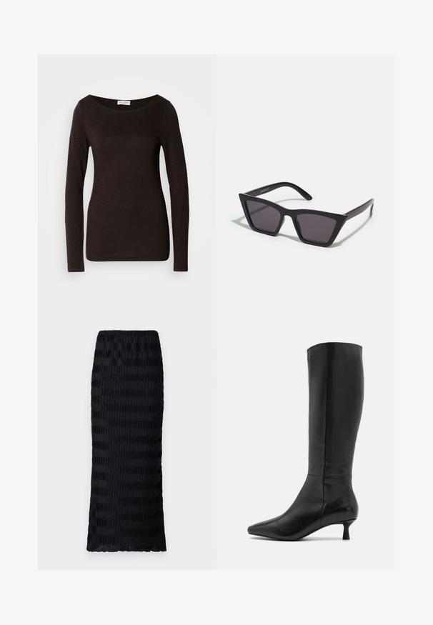 Fekete, hosszú ujjú, testhez álló, rövid nyakú póló enyhe textúrával és egy kis fehér márkacímkével a nyakrészen, a gallér belsejében.; Fekete, térd alá érő szoknya texturált, redőzött mintával. Rugalmas derék, sima anyag váltakozó matt és fényes csíkkal.; Zign Csizmák - black; Fekete, szögletes napszemüveg szürke lencsékkel; műanyagból készült, vastag karokkal, sima felülettel és látható hardver nélkül.; Barna bőrtáska, két masszív fogantyúval, téglalap alakú, sima felülettel és cipzáras záródással. Minimalista dizájn, látható minták nélkül.