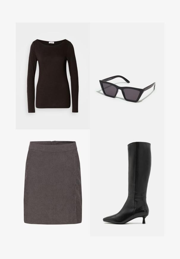 Svart långärmad åtsittande t-shirt med rund halsringning, med en lätt struktur och en liten vit märkesetikett innerst i kragen.; Kaffe VERA - A-linjekjol - major brown c; Zign Stövel - black; Svarta, vinklade solglasögon med grå linser; tillverkade av plast, med tjocka skalmar med en slät yta och utan synlig hårdvara.