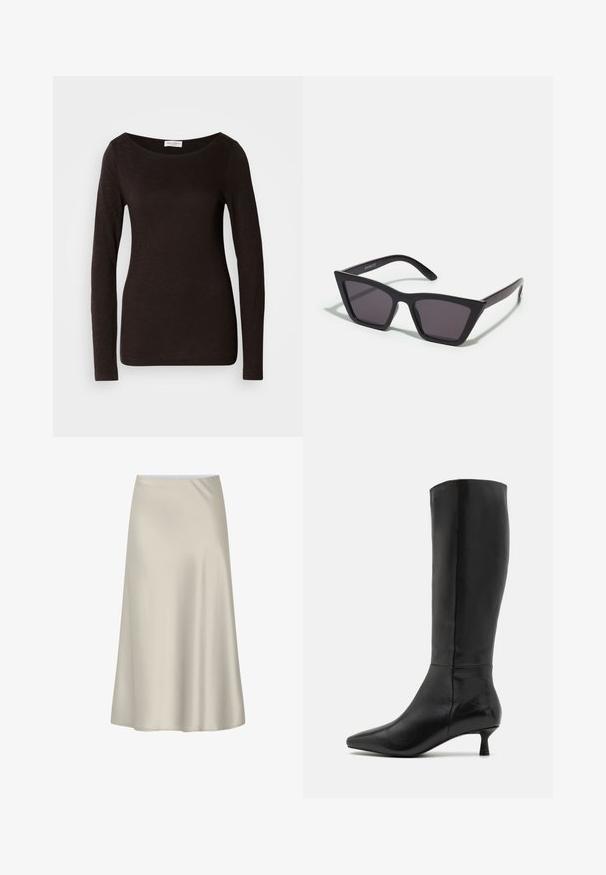 Svart långärmad åtsittande t-shirt med rund halsringning, med en lätt struktur och en liten vit märkesetikett innerst i kragen.; Knee-length A-linje kjol i mjuk beige tyg, med en slät textur och enkel, utan dekoration design med elastisk midja.; Zign Stövel - black; Svarta, vinklade solglasögon med grå linser; tillverkade av plast, med tjocka skalmar med en slät yta och utan synlig hårdvara.; Brun läderhandväska med två stadiga handtag, rektangulär form, slät yta och dragkedjestängning. Minimalistisk design utan synliga mönster.