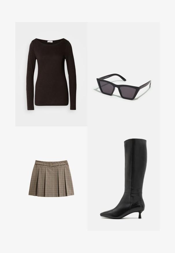 T-shirt noir à manches longues, ajusté, avec un col rond, légèrement texturé et une petite étiquette de marque blanche à l'intérieur du col.; New Look CHECK BELTED BOX PLEAT MINI - Jupe plissée - brown pattern; Zign Bottes - black; Lunettes noires angulaires avec des verres gris ; fabriquées en plastique, avec des branches épaisses à la surface lisse et sans matériel visible.