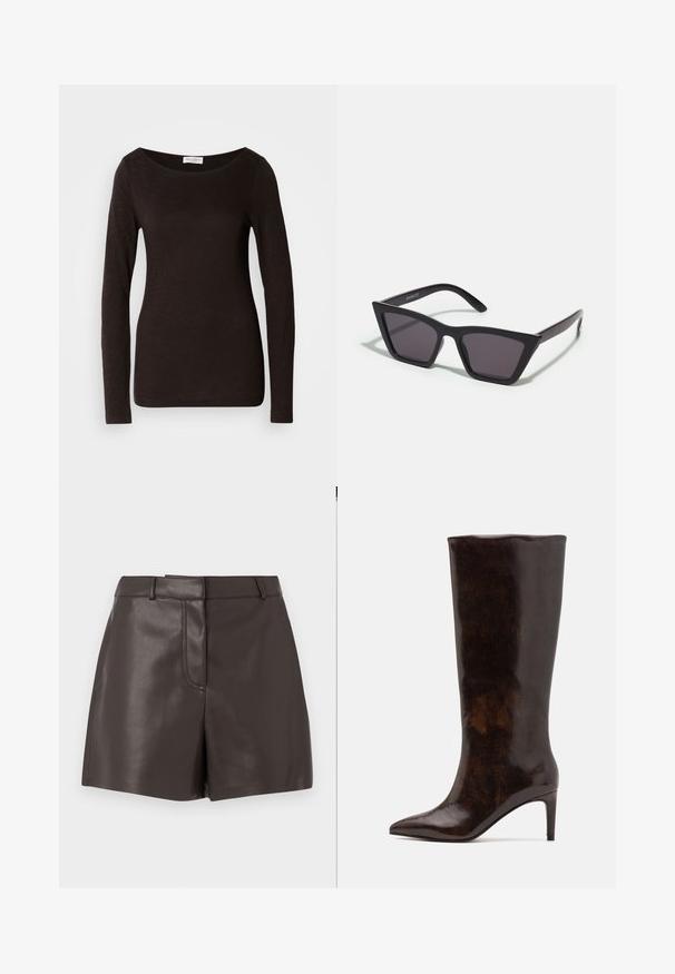 Černé dlouhé rukávy, přiléhavé tričko s kulatým výstřihem, které má mírnou texturu a malou bílou značkovou etiketu na krku uvnitř límce.; Hnědé kožené šortky s hladkou texturou, se švem vepředu, poutky na opasek a dvěma bočními kapsami. Navrženy pro přiléhavý střih.; Call it Spring RHODDE - Kozačky na vysokém podpatku - medium brown; Černé, ostré sluneční brýle s šedými skly; vyrobené z plastu, s mohutnými rameny a hladkým povrchem bez viditelného hardwaru.; Hnědá kožená kabelka s dvěma pevnými uchy, obdélníkový tvar, hladká textura a zipové zavírání. Minimalistický design bez viditelných vzorů.