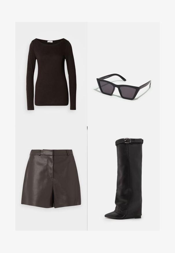 Czarna, dopasowana koszulka z długim rękawem i okrągłym dekoltem, z lekką teksturą oraz małą, białą metką marki przy dekolcie wewnątrz kołnierza.; Brązowe skórzane szorty o gładkiej fakturze, z przednim szwem, paskami na pasek oraz dwiema bocznymi kieszeniami. Zaprojektowane z myślą o dopasowanym kroju.; Steve Madden CORENNE czarny; Czarne, kanciaste okulary przeciwsłoneczne z szarymi soczewkami; wykonane z plastiku, z grubymi zausznikami o gładkiej powierzchni i bez widocznych elementów metalowych.; Brązowa skórzana torebka na ramię z dwoma solidnymi uchwytami, prostokątny kształt, gładka faktura i zamek błyskawiczny. Minimalistyczny design bez widocznych wzorów.