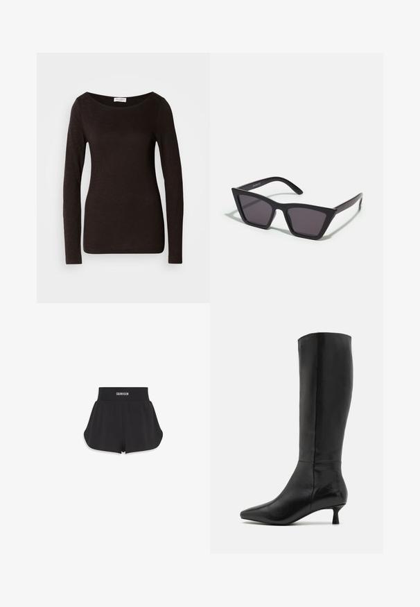 Svart langermet tettsittende T-skjorte med rund hals, med lett tekstur og en liten hvit merkelapp ved kragen innvendig.; Sorte treningsshorts laget av lett materiale, med bred elastisk midjebånd med "Calvin Klein"-logo. Utsvungen form og glatt tekstur.; Zign Støvler - black; Svarte, kantete solbriller med grå linser; laget av plast, med tykke stenger som har en glatt overflate og ingen synlige festemidler.; Brun lærveske med to robuste håndtak, rektangulær form, jevn tekstur og glidelås. Minimalistisk design uten synlige mønstre.