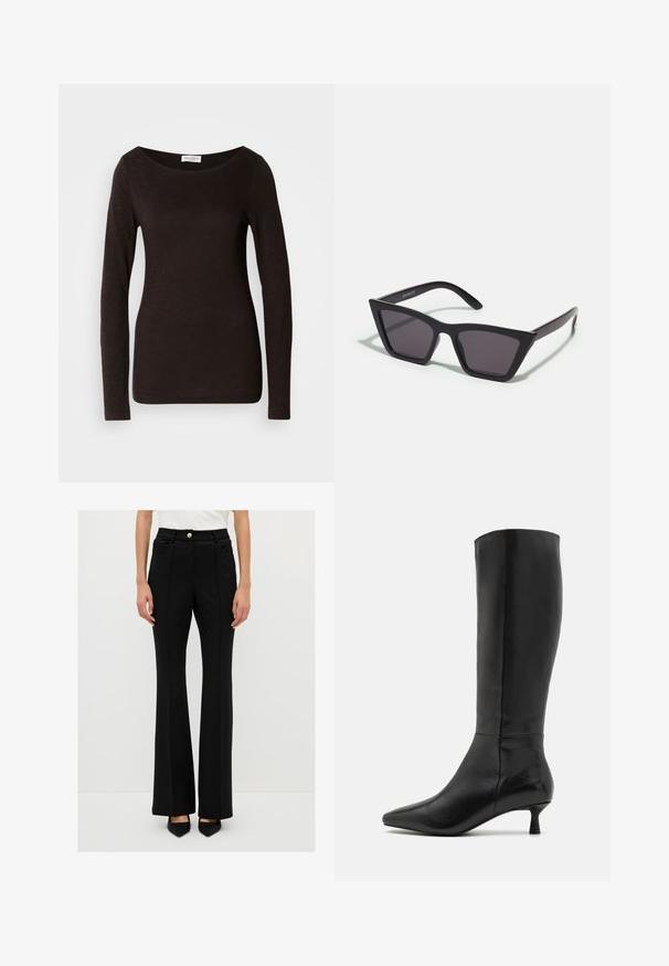 Zwarte langmouw fitted crew neck shirt met een lichte textuur en een klein wit merkembleem aan de binnenkant van de kraag.; Zwarte flared broeken van zachte stof, met een knoopsluiting, twee steekzakken aan de voorkant en getailleerde naden voor een aansluitende uitstraling.; Zign Laarzen - black; Zwarte, hoekige zonnebril met grijze lenzen; gemaakt van plastic, met dikke armen met een gladde oppervlakte en zonder zichtbare hardware.; Een donkerbruine sjaal is netjes gevouwen met scherpe uiteinden, rustend op een witte achtergrond. De stof lijkt zacht en tekstuurrijk.; Bruine leren handtas met twee stevige handvatten, rechthoekige vorm, gladde textuur en ritssluiting. Minimalistisch ontwerp zonder zichtbare patronen.