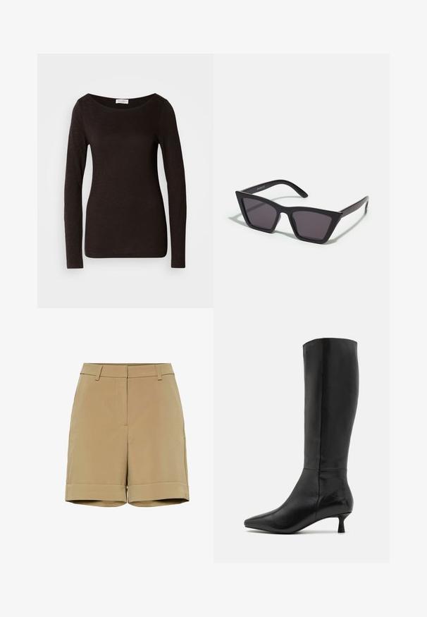 Juodas ilgomis rankovėmis prigludęs marškinėliai su apvalia iškirpte, turintys šiek tiek tekstūros ir mažą baltą prekės ženklą etiketėje apykaklės viduje.; Kreminės šortai su pritaikytu dizainu, lygia priekiu ir sulankstytais rankogaliais. Pagaminti iš lygaus audinio, turi šonines kišenes ir jokio matomo metalinio furnitūros.; Zign Batai - black; Juodos, kampuotos saulės akinios su pilkais stiklais; pagaminti iš plastiko, su storomis šakėmis, turinčiomis lygų paviršių ir be matomų detalių.; Tamsiai ruda šalikas yra tvarkingai sulenktas su smailiais galais, poilsio ant balto fono. Audinys atrodo minkštas ir tekstūruotas.; Ruda odinė rankinė su dviem tvirtais rankenėlėmis, stačiakampio formos, lygi tekstūra ir užtrauktuku. Minimalistinis dizainas be matomų raštų.