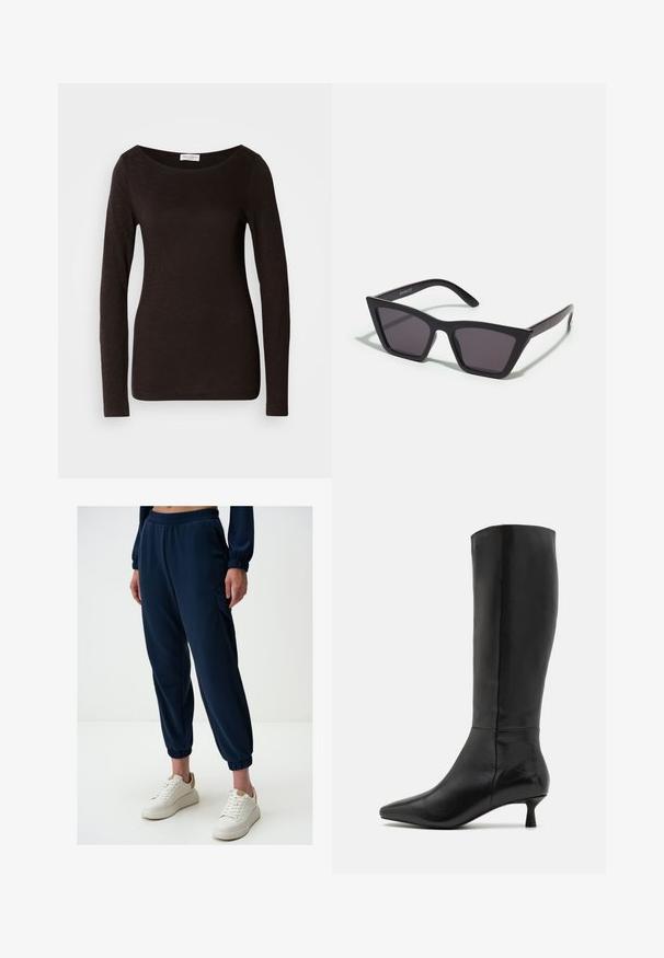 Schwarzes, langärmliges, figurbetontes T-Shirt mit Rundhalsausschnitt, leicht strukturiert und mit einem kleinen weißen Markenlabel am Hals innen im Kragen.; Marinefarbene Jogginghosen aus weichem Stoff mit einem elastischen Bund, seitlichen Taschen und schmalen Bündchen. Kombiniert mit weißen Plateauschuhen.; Zign Stiefel - black; Schwarze, eckige Sonnenbrille mit grauen Gläsern; aus Kunststoff gefertigt, mit dicken Bügeln, die eine glatte Oberfläche und keine sichtbaren Beschläge haben.; Braune Lederhandtasche mit zwei stabilen Griffen, rechteckiger Form, glatter Oberfläche und Reißverschluss. Minimalistisches Design ohne sichtbare Muster.