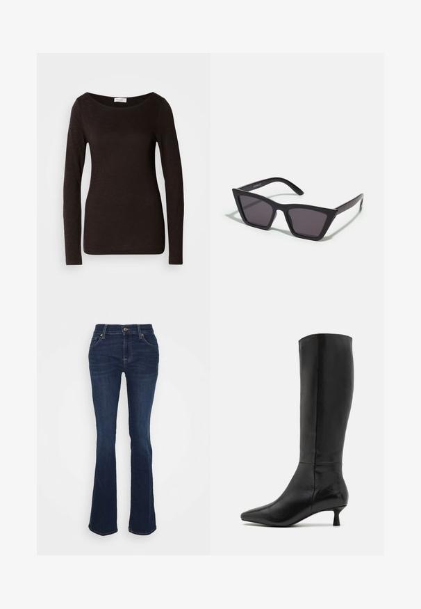 Melnas garām piedurknēm pieguļošs kreklis ar apaļu kakla izgriezumu, ar nelielu tekstūru un mazu baltu zīmola etiķeti kakla iekšpusē.; Tumši zili izspiedumi džinsi, kas izgatavoti no džinsa; augsta jostasvieta, pieci kabatas, zeltaini aksesuāri un gluda tekstūra ar maigu izbalēšanu pie augšstilbiem.; Zign Zābaki - black; Melni, stūrveida saulesbrilles ar pelēkiem objektīviem; izgatavotas no plastmasas, ar biezām kājām, kam ir gluda virsma un nav redzamu stiprinājumu.; Brūna ādas rokassoma ar divām izturīgām rokturām, taisnstūra forma, gluda tekstūra un ar rāvējslēdzēju. Minimālisma dizains bez redzamām rakstzīmēm.