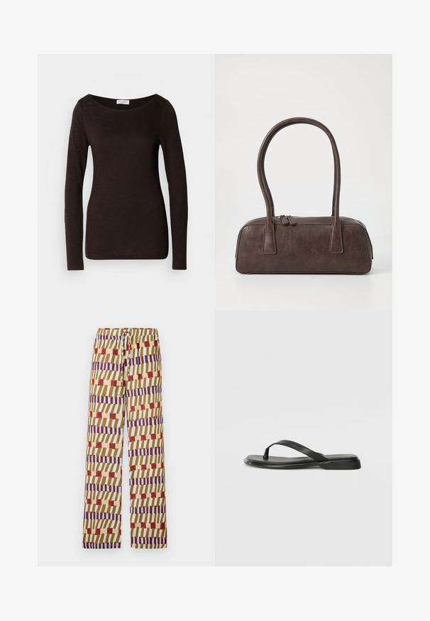 T-shirt noir à manches longues, ajusté, avec un col rond, légèrement texturé et une petite étiquette de marque blanche à l'intérieur du col.; Un pantalon à motifs colorés avec un taille élastique à cordon de serrage, confectionné en tissu léger. Le design comprend des rayures rouges, bleues et jaunes.; Tongs noires en cuir lisse, avec un design de sangle fine et une semelle plate à profil minimal. Aucun motif ou accent notables.; Sac à main en cuir marron avec deux poignées robustes, de forme rectangulaire, texture lisse et fermeture zippée. Design minimaliste sans motifs visibles.