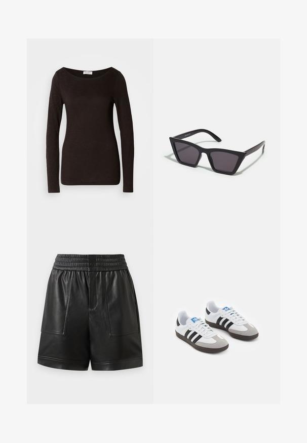 Fekete, hosszú ujjú, testhez álló, rövid nyakú póló enyhe textúrával és egy kis fehér márkacímkével a nyakrészen, a gallér belsejében.; Fekete műbőr rövidnadrág rugalmas derékkal, elülső patentgombbal, nagy elülső zsebbel és egyenes szegéllyel.; Fehér bőr felsőrészes sportcipő, szürke velúrból készült orral és három fekete csíkkal. Jellemzője a kék logó a nyelvén és egy texturált gumitalp.; Fekete, szögletes napszemüveg szürke lencsékkel; műanyagból készült, vastag karokkal, sima felülettel és látható hardver nélkül.; Egy sötétbarna sál szépen összehajtva, hegyes végekkel, egy fehér háttéren fekszik. Az anyag lágy és texturált.