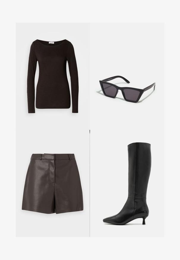 Black long-sleeve fitted crew neck shirt with slight texture and a small white brand label at the neckline inside the collar.; Brown leather shorts with a smooth texture, featuring a front seam, belt loops, and two side pockets. Designed for a fitted silhouette.; Zign Boots - black; Black, angular sunglasses with gray lenses; made of plastic, featuring thick arms with a smooth surface and no visible hardware.; A dark brown scarf is neatly folded with pointed ends, resting on a white background. The fabric appears soft and textured.