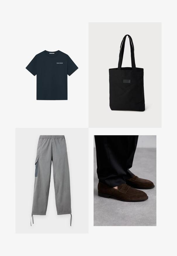 Sötét tengerészkék pamut t-shirt, kerek nyakkivágással és rövid ujjal. Egy kis fehér logó található a bal mellrészen.; Szürke, könnyű anyagú cargo nadrág elasztikus derékrésszel, oldalsó zsebbel, állítható mandzsettával és sima textúrával.; Bally CHARNEY - Alkalmi belebújós cipők - ebano; Fekete vászontáska két füllel, sima tetejű, texturált felülettel és kis, domború logóval az elején.