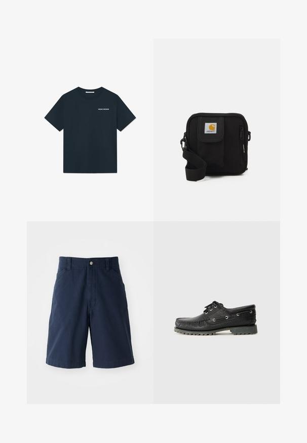 T-shirt blu navy scuro realizzato in cotone, con collo a giro e maniche corte. Un piccolo logo bianco è stampato sulla parte sinistra del petto.; Shorts di cotone blu navy con fronte piatto, due tasche laterali e chiusura con un bottone in vita. Design classico a gamba dritta.; Scarpa nera in tessuto di pizzo con lacci, punta rotonda, occhielli in metallo e suola in gomma grigia resistente. Presenta un motivo intrecciato sulla parte superiore.; Borsa a tracolla nera con un compartimento principale con zip, tasca frontale, tracolla regolabile e una patch del logo visibile sul risvolto.