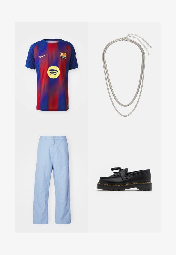 FC Barcelona-drakt med blå og røde vertikale striper, Nike-logo og Spotify-grafikk i midten. Laget av pustende materiale.; Lyseblå linbukser med en avslappet passform, med brystlommer og synlige sømdetaljer. Stoffet har en myk, teksturert overflate.; Svart skinn loafers med en kvastdetalj, med en tjock svart sula och gul sömnad längs kanten. Texturerad yta.; Tre-lags sølvmetallkjede med elegante, fleksible kjeder med en svak glans, sikret med en krabbe-lås og justerbar kjede.