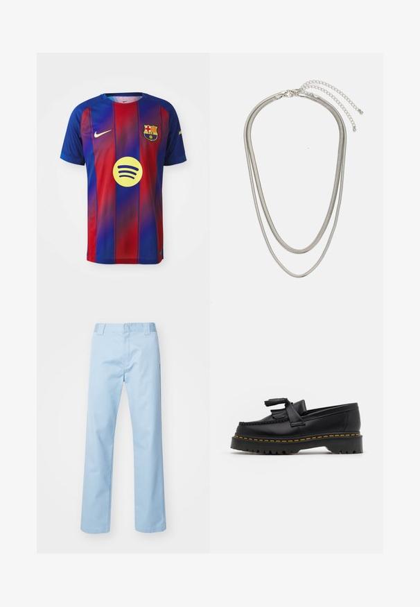 FC Barcelona dres s plavim i crvenim vertikalnim prugama, Nike logotipom i Spotify grafikom u središtu. Izrađen od prozračnog materijala.; Svijetloplave ravne hlače od pamuka. Imaju ravni pojas sprijeda, bočne džepove i bez vidljivih uzoraka ili ukrasa.; Crna kožna loaferica s resicama, koja ima čvrst crni potplat i žute šavove duž ruba. Teksturirana završna obrada.; Necklace od tri sloja srebrnog metala s elegantnim, fleksibilnim lančićima blagog sjaja, zatvoren s karabinera i prilagodljivim lančićem.