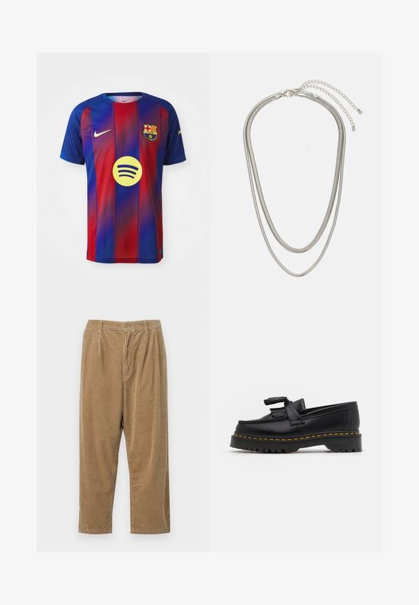 Maillot du FC Barcelone avec des rayures verticales bleues et rouges, logo Nike et graphique Spotify au centre. Fabriqué en tissu respirant.; Pantalon en velours côtelé de couleur marron clair avec un motif à côtes texturé, comportant une fermeture à bouton et une coupe décontractée.; Mocassin en cuir noir avec un accent à frange, doté d'une semelle épaisse noire et d'une couture jaune le long du bord. Fini texturé.; Collier en métal argenté à trois couches présentant des chaînes flexibles et élégantes avec un léger éclat, sécurisé par un fermoir en forme de homard et une chaîne ajustable.
