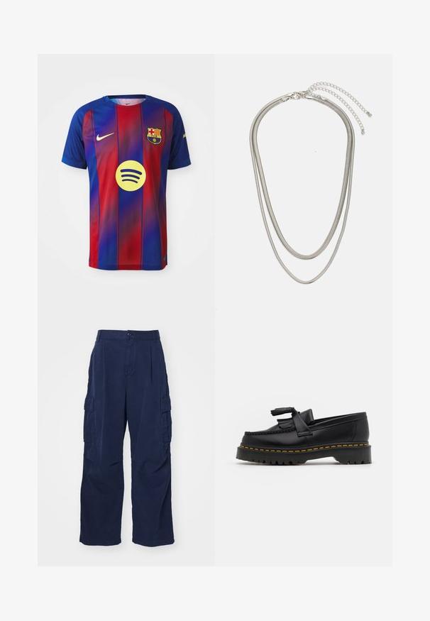 Dres FC Barcelona s modro-červenými vertikálnymi pruhmi, logo Nike a grafika Spotify v strede. Vyrobený z priedušnej tkaniny.; Námorné cargo nohavice vyrobené z bavlny s uvoľneným strihom. Obsahujú dva bočné vrecká a zapínanie na gombík v páse. Hladká textúra a rovné nohy.; Čierne kožené loafre s detailom na strapcoch, s masívnou čiernou podrážkou a žltým prešitím pozdĺž okraja. S textúrovaným povrchom.; Trojvrstvový náhrdelník zo strieborného kovu s elegantnými, flexibilnými reťazami s jemným leskom, zabezpečený sponou typu langusta a nastaviteľným reťazcom.