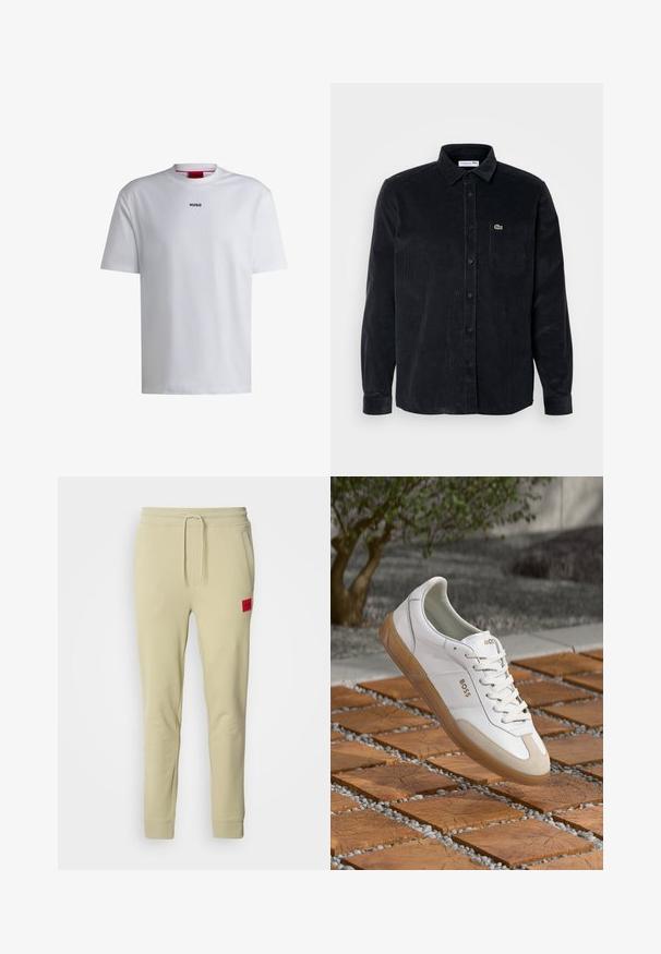 White cotton t-shirt with short sleeves, round neckline, and a black "HUGO" logo on the chest. Smooth texture, casual fit, no patterns.; Black corduroy long-sleeve shirt with button closure, pointed collar, and left chest pocket featuring a small green logo.; Light beige sweatpants made from soft fabric, featuring a drawstring waistband, side pockets, and a red logo patch on the right thigh.; White leather sneaker with beige suede accents, featuring a round toe, lace-up front, and tan rubber sole, displaying the brand name "BOSS."