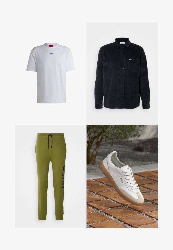 Balta kokvilnas T-kreklu ar īsām piedurknēm, apaļu kakla izmēru un melnu "HUGO" logo uz krūtīm. Gluda tekstūra, ikdienišķs piegriezums, bez rakstiem.; Melnas korduroja garām piedurknēm krekls ar pogu aizdari, norādītu apkakli un kreisajā krūtīs esošu kabatu ar mazu zaļu logotipu.; HUGO DUTSCHI - Treniņtērpa apakšdaļas - open green; Baltas ādas kedas ar bēšiem zamšādām, ar apaļu purngalu, auklām priekšā un brūnu gumijas zoli, uz kuras redzams zīmola nosaukums "BOSS".