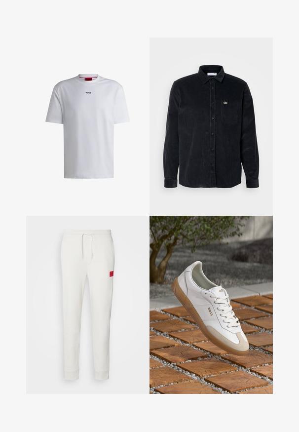 Balta kokvilnas T-kreklu ar īsām piedurknēm, apaļu kakla izmēru un melnu "HUGO" logo uz krūtīm. Gluda tekstūra, ikdienišķs piegriezums, bez rakstiem.; Melnas korduroja garām piedurknēm krekls ar pogu aizdari, norādītu apkakli un kreisajā krūtīs esošu kabatu ar mazu zaļu logotipu.; HUGO DOAK - Treniņtērpa apakšdaļas - natur; Baltas ādas kedas ar bēšiem zamšādām, ar apaļu purngalu, auklām priekšā un brūnu gumijas zoli, uz kuras redzams zīmola nosaukums "BOSS".