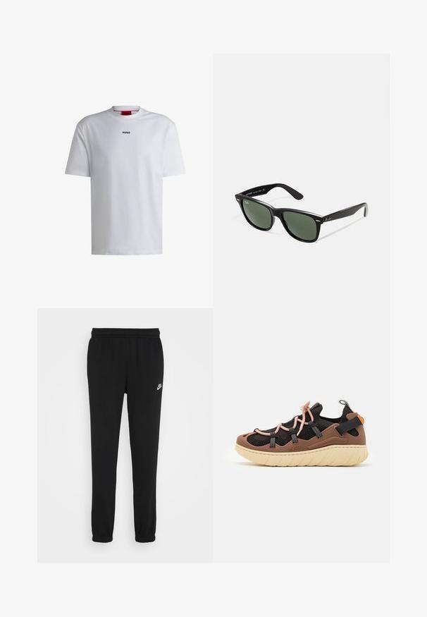 Balta kokvilnas T-kreklu ar īsām piedurknēm, apaļu kakla izmēru un melnu "HUGO" logo uz krūtīm. Gluda tekstūra, ikdienišķs piegriezums, bez rakstiem.; Melni sporta bikses ar elastīgu jostu, ar piegulošām potītēm un mazu balto Nike logo kreisajā pusē. Izgatavotas no mīksta teksturēta auduma.; HUGO REEFLYN - Sporta apavi - open brown; Melnas plastmasas saulesbrilles ar zaļiem lēciem, kvadrātveida rāmjiem, sudrabainu akcentu uz uzacīm un teksturētām tempļu kājām. Zīmols norādīts uz iekšējās kājas.