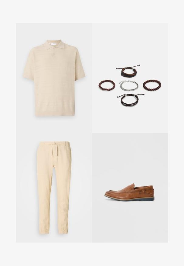 Beżowa dzianinowa koszulka polo z kołnierzykiem, krótkimi rękawami i teksturowanymi poziomymi wzorami. Dwa guziki przy dekolcie. Miękki materiał.; Jasno beżowe lniane spodnie z elastycznym pasem, zwężanymi nogawkami i elastycznymi mankietami. Prosty design z delikatną teksturą.; Brązowe skórzane mokasyny z okrągłym noskiem, przeszyciami i niską gumową podeszwą. Projekt posiada pasek na górnej części.; Zestaw pięciu bransoletek z brązowej skóry, drewnianych koralików i srebrnego łańcucha; różne faktury i kształty, z regulowanymi zapięciami.