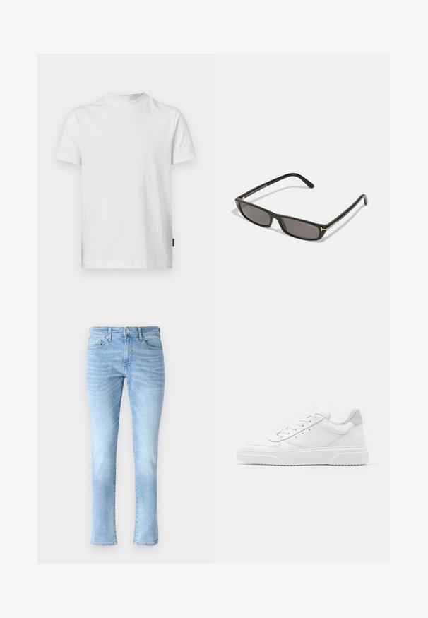 T-shirt bianco a maniche corte realizzato in cotone. Presenta un collo rotondo e un taglio dritto, con un piccolo etichetta sul lato sinistro in basso.; Jeans in denim azzurro chiaro con vestibilità slim, design a cinque tasche e dettagli di leggero sbiadimento, caratterizzati da un classico taglio dritto e chiusura con bottone.; Sneaker bianche in pelle con finitura liscia, punta arrotondata, lacci piatti e suola texturizzata. Accento in suede grigio sul tallone.; Occhiali da sole rettangolari neri con lenti scure. Montatura in plastica con finitura opaca. Dettagli dorati sugli steli e marchio del logo.