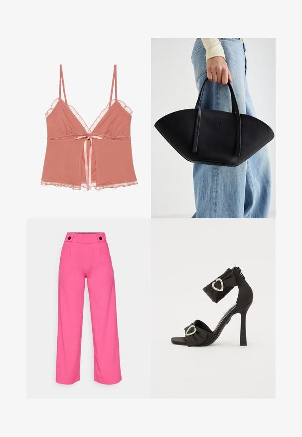 Camisole v barvi prahu rož, z čipkastim robom, nastavljivimi naramnicami in satenskim trakom v pasu. Mehka tkanina z tekočim dizajnom.; Svetle roza hlače širokih nogavic z gladko teksturo, z ravnim pasom in dvema črnima gumboma spredaj.; Črne sandale na visoki peti z lokom in akcenti iz srčkastih kamnov; imajo zadrgo na zadnji strani in eleganten, gladek dizajn.; Črna usnjena torbica z edinstveno obliko ventilatorja, z ravnimi ročaji. Površina ima teksturo z drobnimi kamni in minimalističen dizajn.