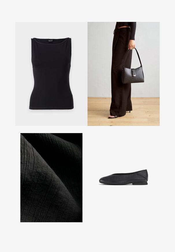 Melns bez piedurknēm šķērsveida topiņš, kas izgatavots no elastīga kokvilnas maisījuma auduma. Tam ir apaļa apkakle un pieguļošs dizains ar gludu tekstūru.; Ragveida melna auduma ar maigu ribotu rakstu, nedaudz atstarojošs, kas krīt krokās, uzsverot tā dziļumu un taustāmo kvalitāti.; Melnas ādas plakanas kurpes ar noapaļotu purngalu un zemu papēdi, paredzētas ikdienišķai vai formālai valkāšanai.; Melnā somiņa ar strukturētu formu, gludu tekstūru un metālu sprādzi. Saskaņota ar platām melnām biksēm un sandālēm ar atvērtu purngalu uz koka grīdas.