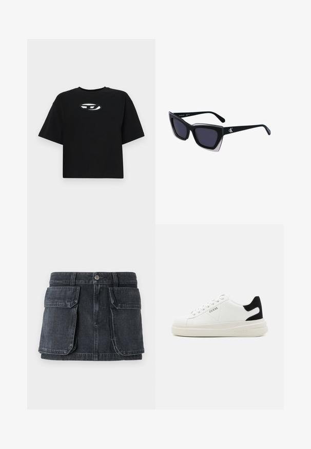 Μαύρη βαμβακερή μπλούζα t-shirt με cropped σχέδιο, κοντά μανίκια και στρογγυλή λαιμόκοψη. Διαθέτει αντίθετο οβάλ λογότυπο στο στήθος.; Μαύρη τζιν φούστα με εφαρμοστό σκέλος, κλείσιμο με κουμπί, δύο μεγάλες μπροστινές τσέπες και διακοσμητική ραφή σε αντίθεση.; Λευκά δερμάτινα αθλητικά παπούτσια με χοντρή λευκή σόλα, μαύρη σουέτ λεπτομέρεια στην φτέρνα και ανάγλυφο λογότυπο στο πλάι. Σχέδιο με κορδόνια και έξι θηλιές.; Μαύρα υπερμεγέθη γυαλιά ηλίου με γεωμετρικό σχήμα, διαθέτοντας σκούρους φακούς και αντίθεση γκρίζα λεπτομέρεια στη σκελετό. Λογότυπο στον βραχίονα.