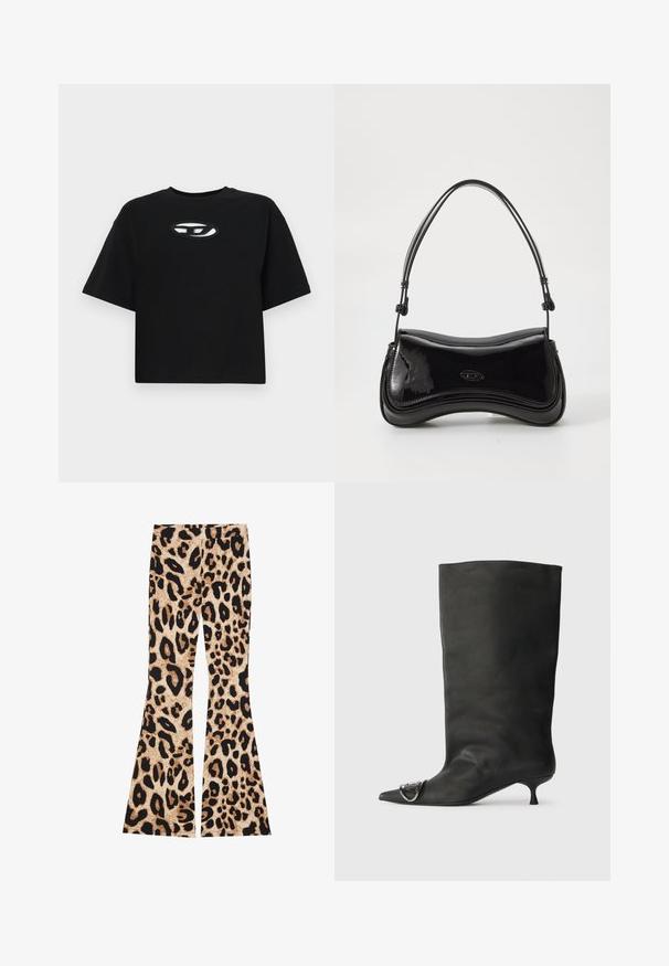 T-shirt en coton noir avec un design court, des manches courtes et un col rond. Présente un logo ovale contrastant sur la poitrine.; Pantalons évasés imprimés léopard avec une texture côtelée, de couleur beige et noire, présentant des motifs de taches variés sur l'ensemble du tissu.; Bottines en cuir noir à bout pointu, petite talon et détail métallique sur le bout. Texture lisse et mate partout.; Sac à main en vernis noir avec une forme courbée, une poignée unique et un fond arrondi. Présente un détail de logo discret à l'avant.