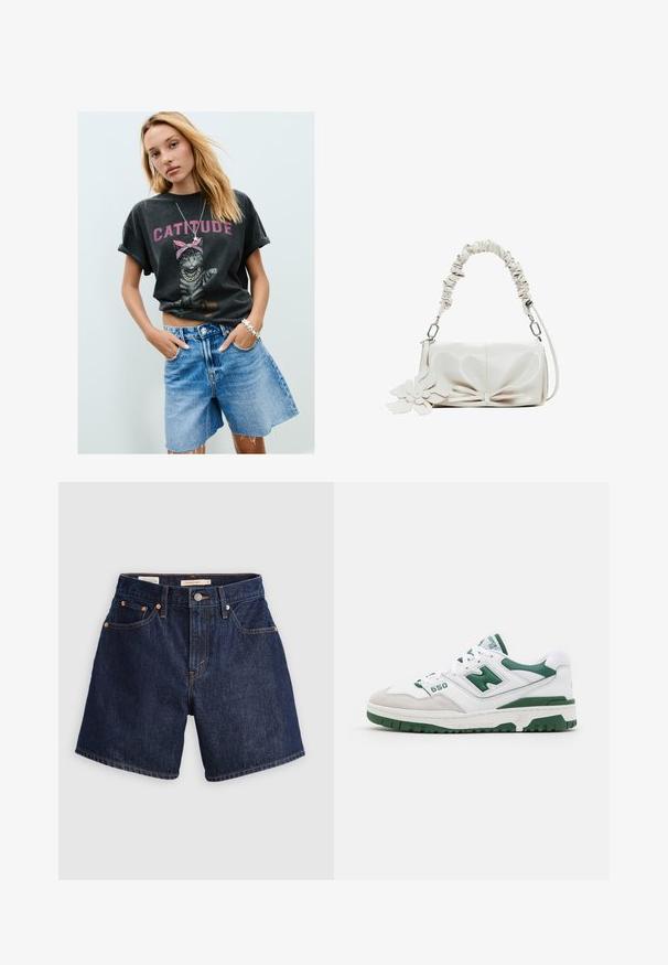 Musta graafinen t-paita, jossa on kissa vaaleanpunaisessa huivissa ja teksti "CATTITUDE", yhdistettynä vaaleansinisiin farkkushortseihin ja hopeisiin tähtirannekoruihin.; Farkkushortsit tummansinisellä sävyllä, viiden taskun suunnittelulla, nappisulkemisella ja näkyvillä ompeluseoksilla kontrastivärisen oranssin sävyissä.; Valkoinen urheilukengä, jossa on vihreitä yksityiskohtia, teksturoitua nahkaa ja mokkaa, rei'itettyjä yksityiskohtia, pehmustettu kaulus ja kumipohja. Mallinumero 550.; Valkoinen nahkabags, jossa on laskostettu kahva, nauharuusuke etupuolella ja kukkakoriste kiinnitettynä. Sileä rakenne ja suorakulmainen muoto.