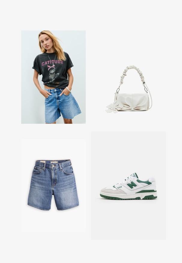 Zwarte graphic t-shirt met een kat met een roze bandana en de tekst "CATTITUDE", gecombineerd met lichtblauwe denim shorts en een zilveren ster armband.; Denimshorts in medium blauw, met een klassieke vijf-pocketontwerp, een knoopsluiting en een rechte pijp. Licht vervaagd textuur overal.; Witte sportieve schoen met groene accenten, gestructureerd leer en suede, geperforeerde details, gevoerde kraag en rubberen zool. Modelnummer 550.; Witte leren handtas met een gerimpelde handvat, strikdetail aan de voorkant en een bloemaccent eraan bevestigd. Glad textuur en rechthoekige vorm.