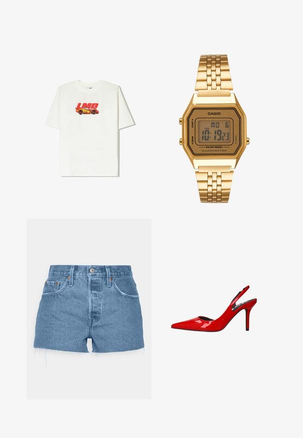 T-shirt en coton blanc avec un graphique de voiture rouge et jaune portant le texte "LMQ 95". Manches courtes, coupe décontractée, col rond.; Levi's® 501® ORIGINAL - Short en jean - ojai light stone; Pomp en cuir verni rouge avec un bout pointu et un talon aiguille élégant, présentant un design découpé sur les côtés.; Montre numérique dorée avec un cadran rectangulaire, écran LCD, bracelet en acier inoxydable et boutons sur le côté. Présente un label résistant à l'eau.