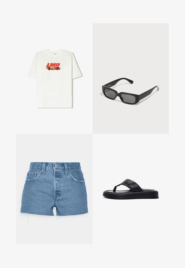 Witte katoenen t-shirt met een rode en gele auto grafiek en de tekst "LMQ 95". Korte mouwen, relaxte pasvorm, ronde halslijn.; Levi's® 501® ORIGINAL - Jeansshort - ojai light stone; Derimod Teensandalen - black; Zwarte rechthoekige zonnebril met grijs-getinte lenzen, gemaakt van glad plastic. Kenmerkt zich door een minimalistisch ontwerp met rechte pootjes en subtiele branding.; Gouden digitale klok met een rechthoekige wijzerplaat, LCD-display, roestvrijstalen band en knoppen aan de zijkant. Bevat een waterdicht label.