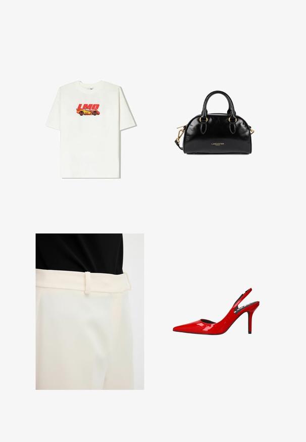 Weißes Baumwoll-T-Shirt mit einem roten und gelben Auto-Graphic und dem Text "LMQ 95". Kurze Ärmel, lockere Passform, runder Halsausschnitt.; Beige Hosen mit glatter Textur, mit flachem Bund und Gürtelschlaufen. Der Stoff wirkt leicht und leicht glänzend.; Rote patentleder Slingback-Pumps mit spitzem Zeh und schlankem Stiletto-Absatz, featuring einem Ausschnittdesign an den Seiten.; Schwarze Lederhandtasche mit runder Form, doppelten Oberhandgriffen und einem abnehmbaren Schultergurt. Verfügt über goldfarbene Hardware und Logo-Details.; Goldene Digitaluhr mit quadratischem Ziffernblatt, LCD-Display, Edelstahlarmband und Tasten an der Seite. Verfügt über eine wasserdichte Kennzeichnung.