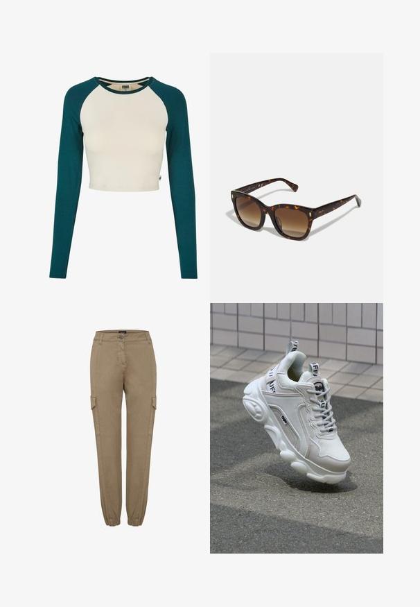 Crop top à manches longues. Caractérisé par un corps crème et des manches teal. Fabriqué en coton doux, avec un col rond et des détails de couture minimalistes.; Pantalons cargo beiges avec une jambe droite et des poignets élastiques, dotés de poches latérales et d'une taille boutonnée. Fabriqués en tissu doux et texturé.; Sneaker blanc en matériaux mesh et cuir, bout arrondi, semelle épaisse, lacets proéminents et marqué au talon et sur la languette.; Lunettes carrées en écaille de tortue avec des verres dégradés marron, dotées d'accents dorés sur les branches et d'une monture large et brillante.