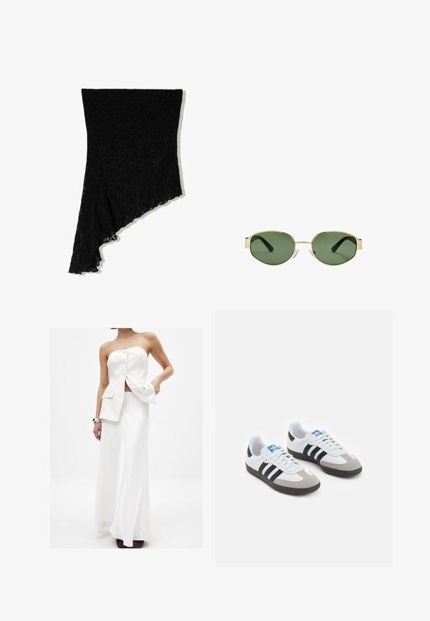Czarny koronkowy szal z teksturowanymi kwiatowymi wzorami, asymetryczny krój i falbaniaste krawędzie, elegancko zwisający z jednej strony.; Biały dwuczęściowy zestaw składający się z topu bez ramiączek z guzikami i kieszeniami, połączony z długą, zwiewną spódnicą. Gładki materiał i czyste linie.; Buty sportowe z białą skórzaną cholewką, szarym zamszowym noskiem i trzema czarnymi paskami. Posiadają niebieskie logo na języku oraz teksturowaną gumową podeszwę.; Złote okulary przeciwsłoneczne w metalowej oprawie z zielonymi soczewkami, o owalnym kształcie, czarnymi zausznikami i przezroczystymi noskami. Czysty, minimalistyczny design.; Biała syntetyczna torba o trójkątnym kształcie, płaskim przednim klapce i detalach w postaci kokardy, regulowanym pasku, gładkiej fakturze oraz minimalistycznym designie.