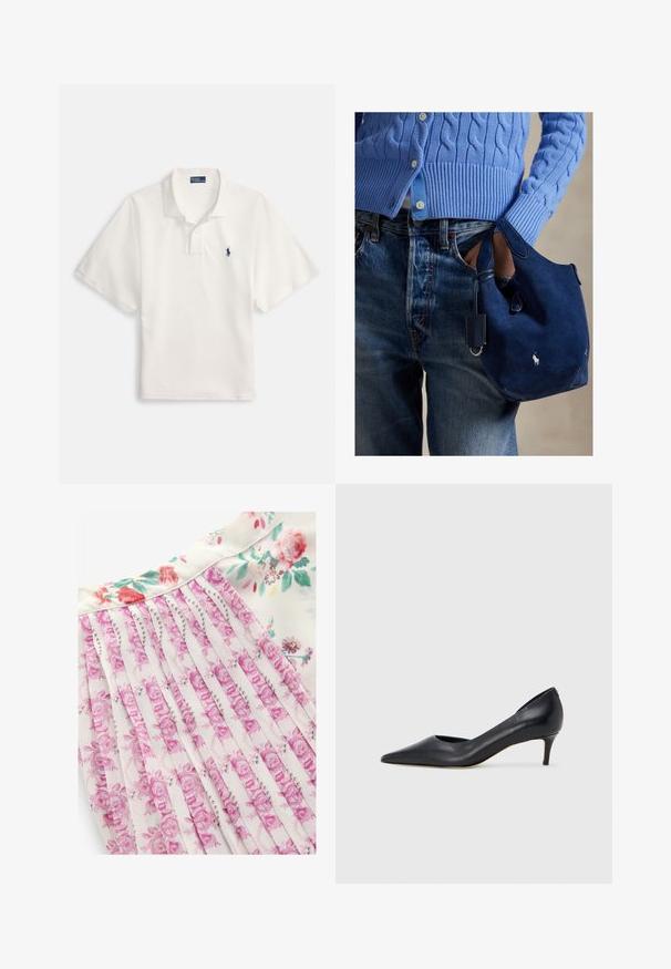 Vit pikétröja i bomull, med krage, tvåknappslåsning och en liten marinblå logga på vänster bröst.; Blommig klänning med vit bakgrund och rosa samt gröna blommönster, plisserad design och en mjuk tygtextur.; Svart läderpumps med spetsig tå och låg klack. Har en slät textur och subtil glans. Öppet utskuret fram för extra detalj.; Marinblå mockaväska med mjuk textur, dubbla handtag och en liten fastsatt etikett. Har en vit logotyp på framsidan och en rundad botten.