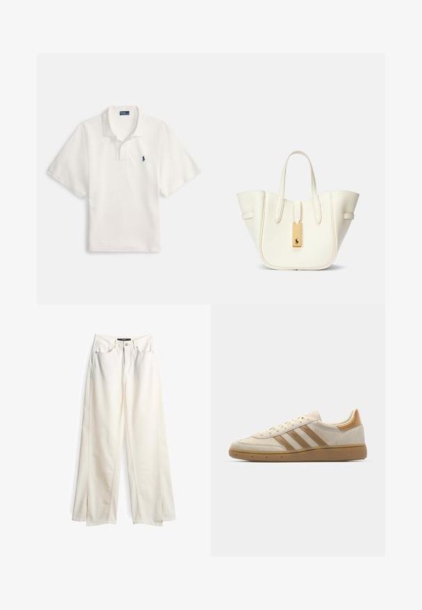White polo shirt made of cotton, featuring a collared neckline, two-button placket, and a small navy logo on the left chest.; Wide-leg white denim pants with a high waist, front pockets, button closure, and subtle stitching details. Soft, textured fabric.; Beige suede sneaker with light brown accents. Features three brown stripes, textured rubber sole, and a rounded toe design.; White leather tote bag with a structured shape, prominent stitching, gold hardware tag, and dual handles. Textured surface with side pockets.