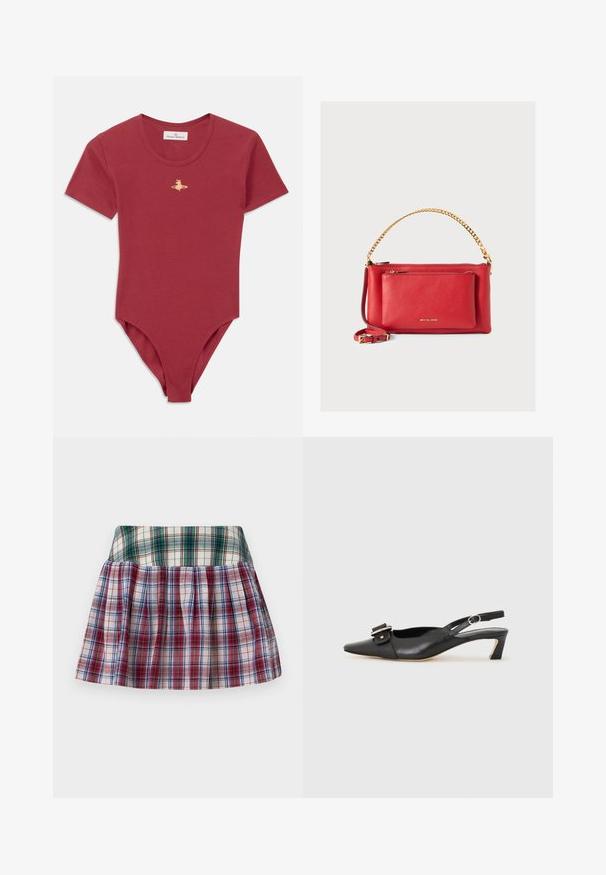 Röd kortärmad ribbad bodysuit med rund halsringning och liten guldfärgad Vivienne Westwood-logotyp på bröstet.; Sinead Gorey STRIPED PLEATED MINI SKIRT - Minikjol - green/red; Svart lädersko med slingback, spetsig tå, liten klack och dekorativ spänndetalj på ovansidan. Slät struktur, minimalistisk design.; Röd läderhandväska med texturerad yta, guldkedja och rem, framficka med dragkedja och präglad logotyp. Kompakt och strukturerad design.