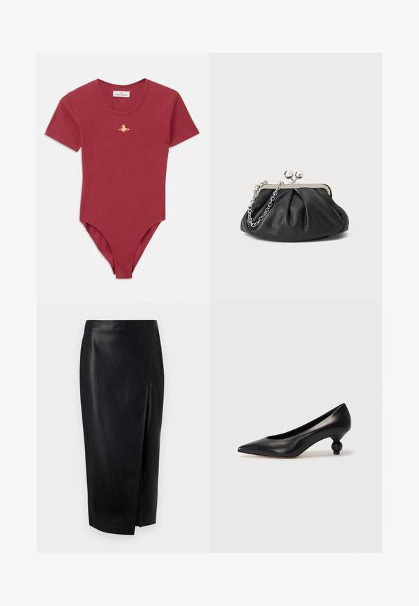 Body corto de manga corta en ribete rojo con escote redondo y pequeño logo dorado de Vivienne Westwood en el centro del pecho.; Falda lápiz de piel negra con una abertura lateral, textura suave, diseño ajustado y corte a la altura de la mitad del muslo. Detalle de costuras visible a lo largo de las costuras.; Zapato de tacón alto de cuero negro con puntera afilada y un tacón redondeado y abombado. Textura suave con un diseño elegante y minimalista.; Clutch de cuero negro con textura arrugada, marco de metal en tono plateado, cierre de beso y cadena para colgar. Superficie suave y lisa.