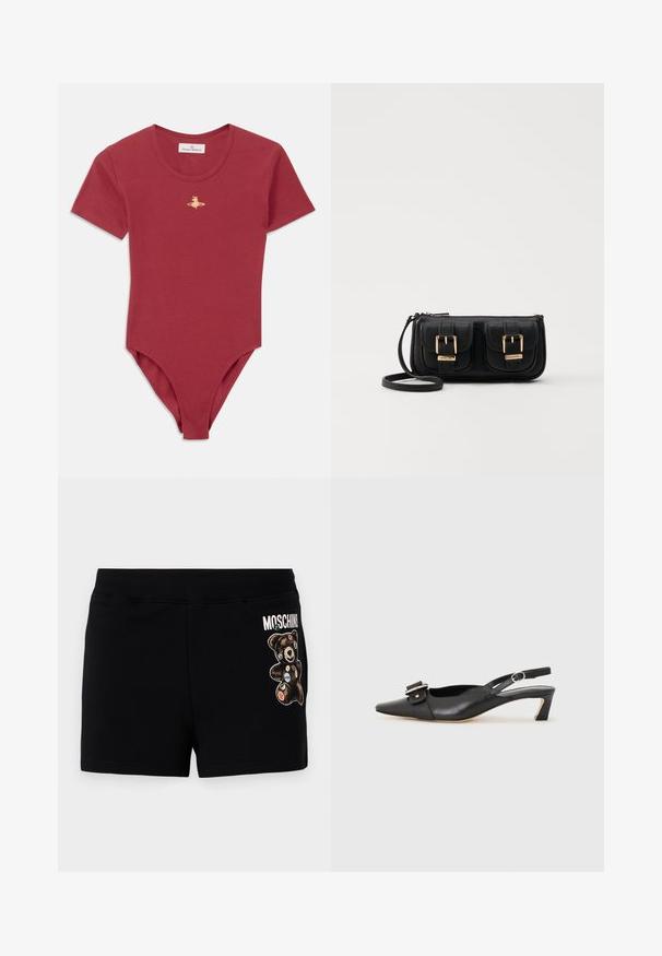 Body curto de manga curta e azul com gola redonda e pequeno logo dourado da Vivienne Westwood ao centro do peito.; Calções de algodão pretos com um gráfico de um urso com patches coloridos. A cintura é elástica para maior conforto e um ajuste descontraído.; Sandal com correia preta em pele, com bico fino, pequeno salto e detalhe de fivela decorativa na parte superior. Textura suave, design minimalista.; Bolsa de ombro em couro preto com dois bolsos frontais, fivelas douradas, fecho de zíper e uma alça fina. Superfície texturizada e forma retangular compacta.