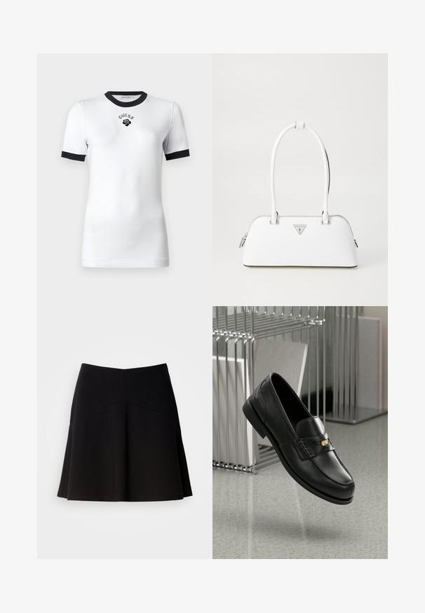 Biele tričko s krátkym rukávom a čiernym golierom a manžetami, s nápisom "GUESS" a grafickou predstavou ruže na hrudi.; Čierna rozšírená sukňa vyrobená z mäkkej tkaniny, s priliehavým pásom a detailmi švov. Hladká textúra s jednoduchým, klasickým dizajnom.; Čierne kožené mokasíny s hladkým povrchom, s ozdobnou páskou a malým zlatým akcentom. Podrážka je plochá s zaoblenou špičkou.; Biely kožený kabelka s oblým tvarom, so strieborným trojuholníkovým logom a zipsovým uzáverom. Hladký povrch a dvojité uši.
