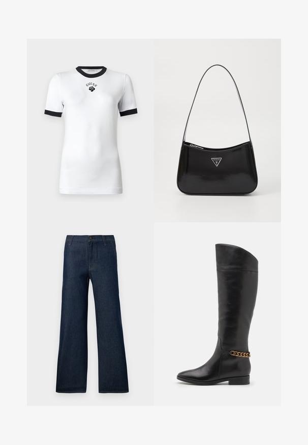 Valge lühikeste varrukatega T-särk musta krae ja ääred, millel on rinnal "GUESS" tekst ja roosi graafika.; Tumedad sinised laiad püksid, mis on valmistatud denimist, klassikalise viie-tasku disainiga, nööbiga kinnitatud ja peente õmblustega.; Kõrged mustad nahast saapad, millel on stiilne disain, terav nina ja kuldne kett aktsent pahkluul. Madal plokk-konts. Sile tekstuur.; Must küllastatud nahast õlakott, millel on kumer kuju, hõbedase kolmnurkse logo ja tõmblukuga sulgemine. Sile tekstuur ja õhuke rihm.