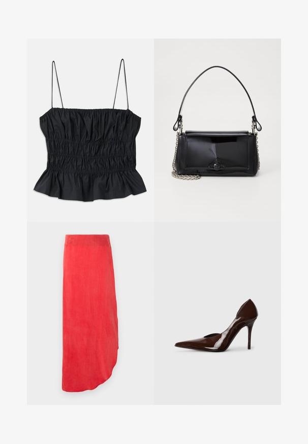 Musthave mustrõngas, millel on elastne rüüge, õhukesed reguleeritavad rihmad ja volangäär; valmistatud siledast kangast.; Punane, pahklai pikk seelik sujuvas, kergest kangast. Omab kõverat äärist ja ühtlast värvi, ilma nähtavate mustrite või kaunistusteta.; Pruun patendi nahast kõrge kontsaga kingad, millel on terav nina ja kärbitud külgedega, funktsioneerides õhukese kontsaga ning sileda viimistlusega.; Mustmust mustkott mustmust mustkott, millel on ristkülikukujuline kuju, kettstrap ja silmapaistev viimistlusaktsent keskel. Sile tekstuur.