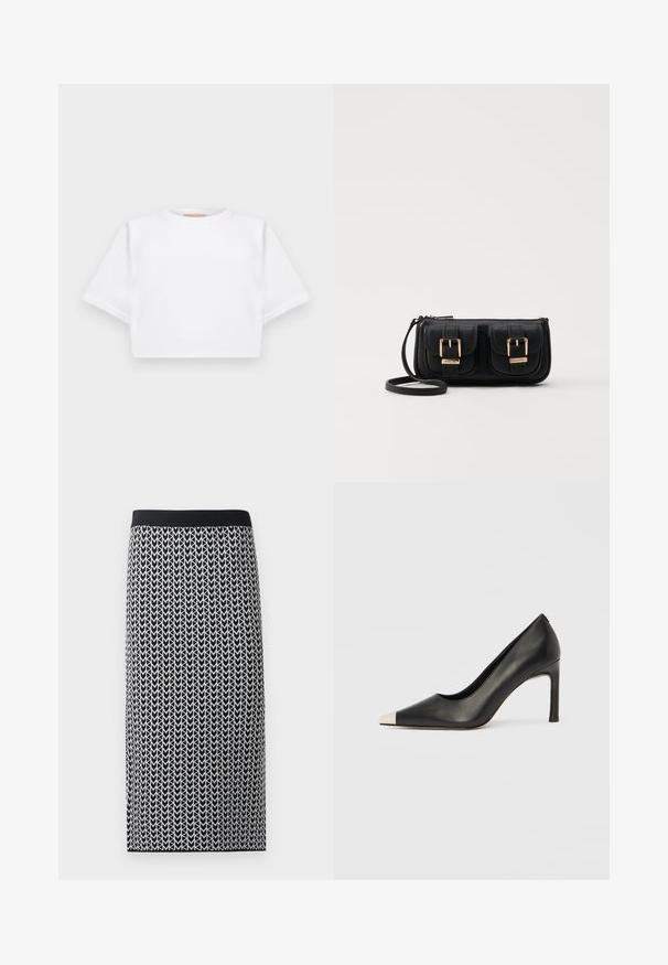 T-shirt blanc court en tissu doux, avec des manches courtes, un col rond et des détails en côtes sur l'ourlet. Design simple et sans embellissement.; Jupe longueur genou en tissu tricoté extensible présentant un motif flèche noir et blanc et une taille élastique noire.; Chaussure à talon haut en cuir noir avec bout pointu et capuchon argenté métallique. Présente une finition lisse et un talon fin de 10 cm.; Sac en cuir noir porté en travers avec deux poches avant, boucles dorées, fermeture zippée et une sangle fine. Surface texturée et forme rectangulaire compacte.