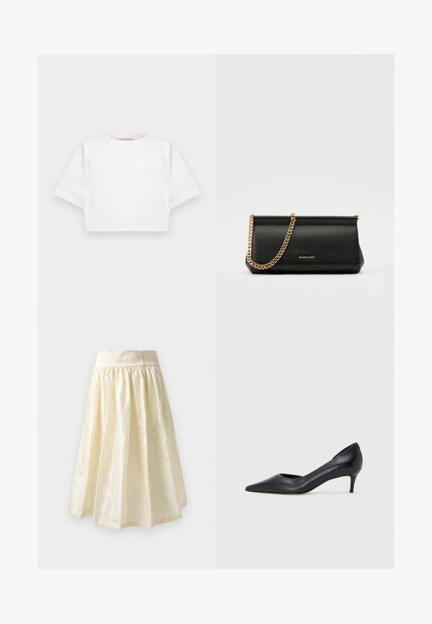 Tricou alb scurt dintr-un material moale, cu mâneci scurte, decolteu rotund și detalii ribbrate la margine. Design simplu și fără embellishments.; Fustă de culoare crem, de lungime medie, realizată dintr-un material ușor și lucios, cu talie strânsă și textură netedă.; Pantof din piele neagră, cu vârf ascuțit și toc mic. Are o textură netedă și un luciu subtil. Decupaj deschis în partea din față pentru un detaliu suplimentar.; Plică din piele neagră cu o curea din lanț auriu, având o textură netedă, formă rectangulară și o marcă embosată pe față.