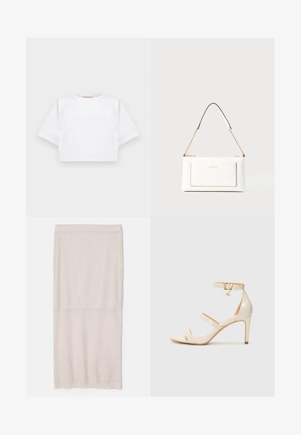 Trumpas baltas marškinėliai iš minkštos medžiagos, su trumpomis rankovėmis, apvaliu iškirpimu ir raukšlėtais hemų detalėmis. Paprastas ir be puošmenų dizainas.; Šviesiai smėlio spalvos tinklinė sijonas, pagamintas iš kvėpuojančios medžiagos, su raukšlėtu juosmeniu ir tekstūruotu raštu visame paviršiuje, tiesaus silueto.; Šviesiai rudos aukštakulnės sagaus su plona kulkšnies juostele ir dviem viršutinėm juostelėm. Blizgus lakinės odos apdailos ir auksinė detalių apdaila ant kulkšnies juostelės.; Balta odinė rankinė su tekstūruotu paviršiumi, turinti auksinį grandinėlės dirželį ir juodas detales. Įskaičiuota priekinė kišenė ir užtrauktuko uždarymas.