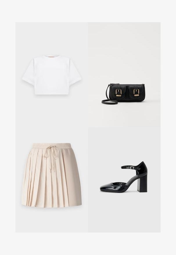 Rövid ujjú, puha anyagból készült, vágott fehér póló, kör alakú nyakkivágással és bordázott alsó résszel. Egyszerű és díszítetlen kialakítás.; Fodros szoknya világos bézs színben, puha anyagból készült. Gumis derékrésze van, húzózsinórral, és függőleges redők adják meg a textúrát.; Fekete patent bőr, magas sarkú cipők négyzetes orral, bokapánttal és vastag sarkal. A szélén lyukacsos díszítéssel.; Fekete bőr keresztbody táska két elülső zsebbel, arany csattokkal, cipzáras záródással és vékony pánttal. Textúrált felület és kompakt téglalap alak.