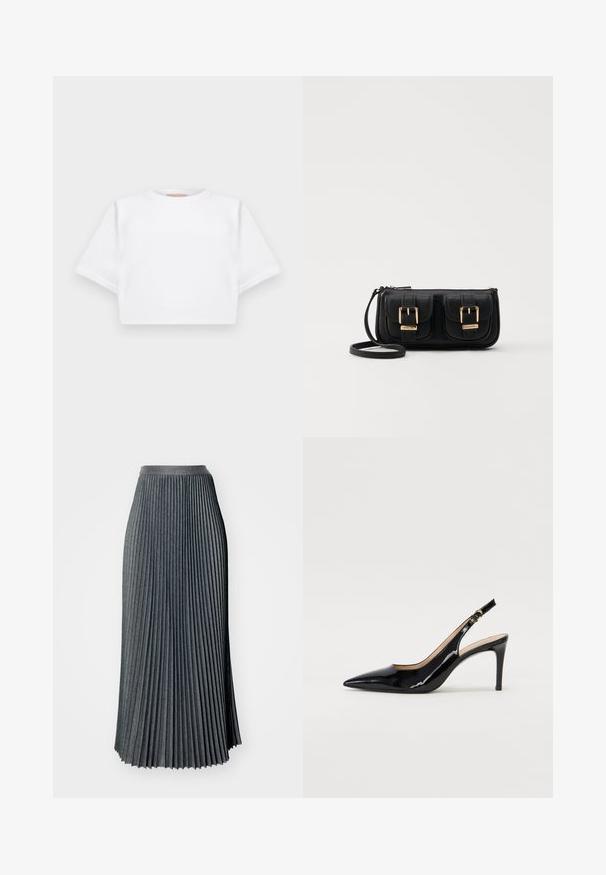 Klippt vit t-shirt tillverkad av mjukt tyg, med korta ärmar, rund halsringning och ribbade kantdetaljer. Enkel och utan prål design.; Fållad maxikjol i mörkgrått, tillverkad av strukturerad tyg med bred midjeband, präglad av djupa vertikala veck längs hela längden.; Svart patenterat läder slingback pumps med spetsig tå, smal klack och en subtil utskärning. Har en guldbuckle på remmen.; Svart läderaxelväska med två framfickor, guldspännen, dragkedjestängning och en smal rem. Texturerad yta och kompakt rektangulär form.